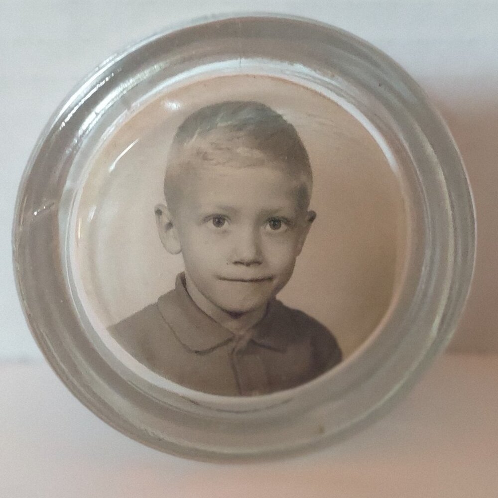 1950s Vintage Glass Round Shaped Boy Picture Paperweight Round Glass Big Eyes!